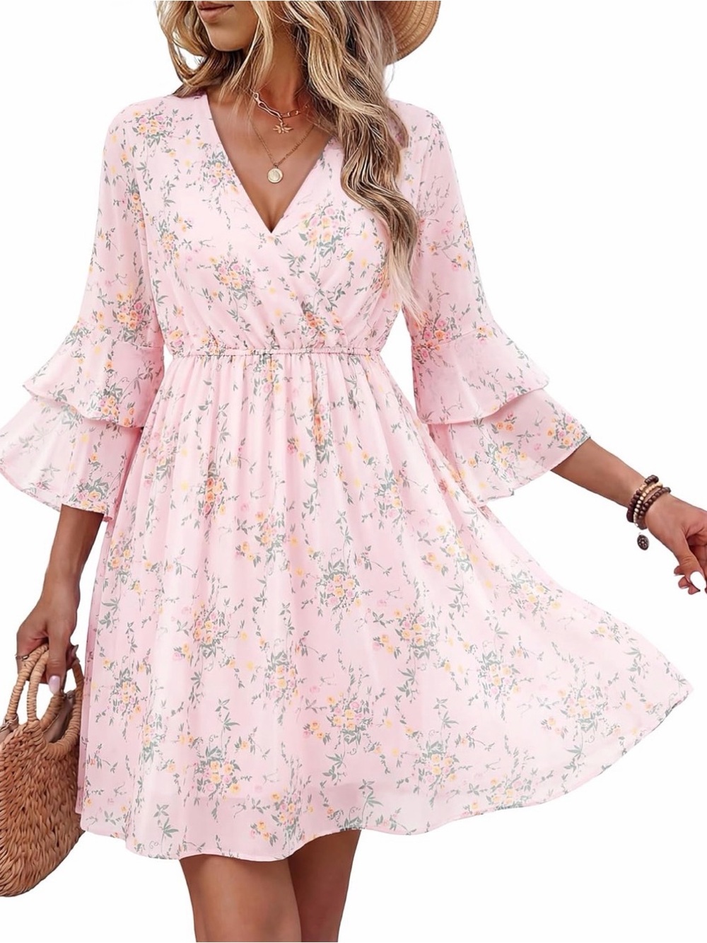 Women's Pink Floral V-Neck Midi Dress with Ruffle Sleeves